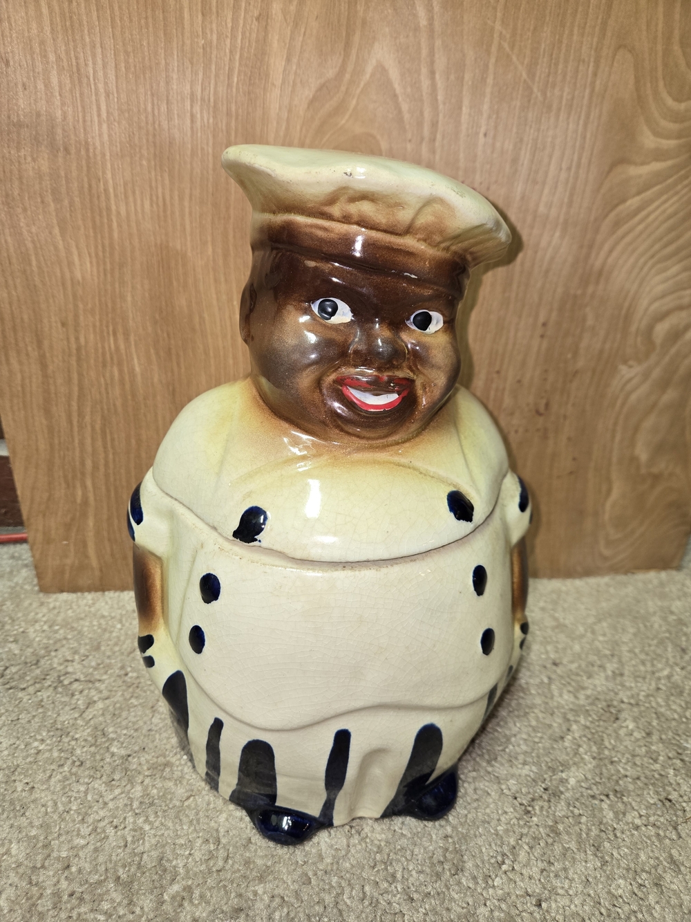 Vintage Black Americana Ceramic Chef Cookie Jar in Cream and Brown